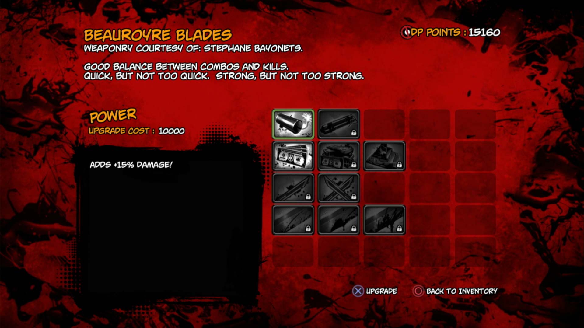 Deadpool PS3 weapon upgrade game menu 