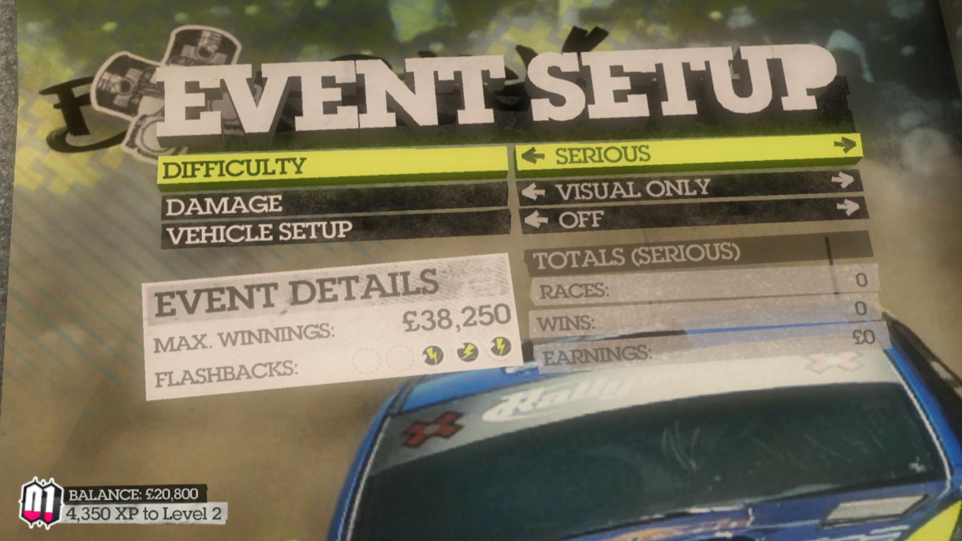 Dirt 2 PS3 game event setup menu