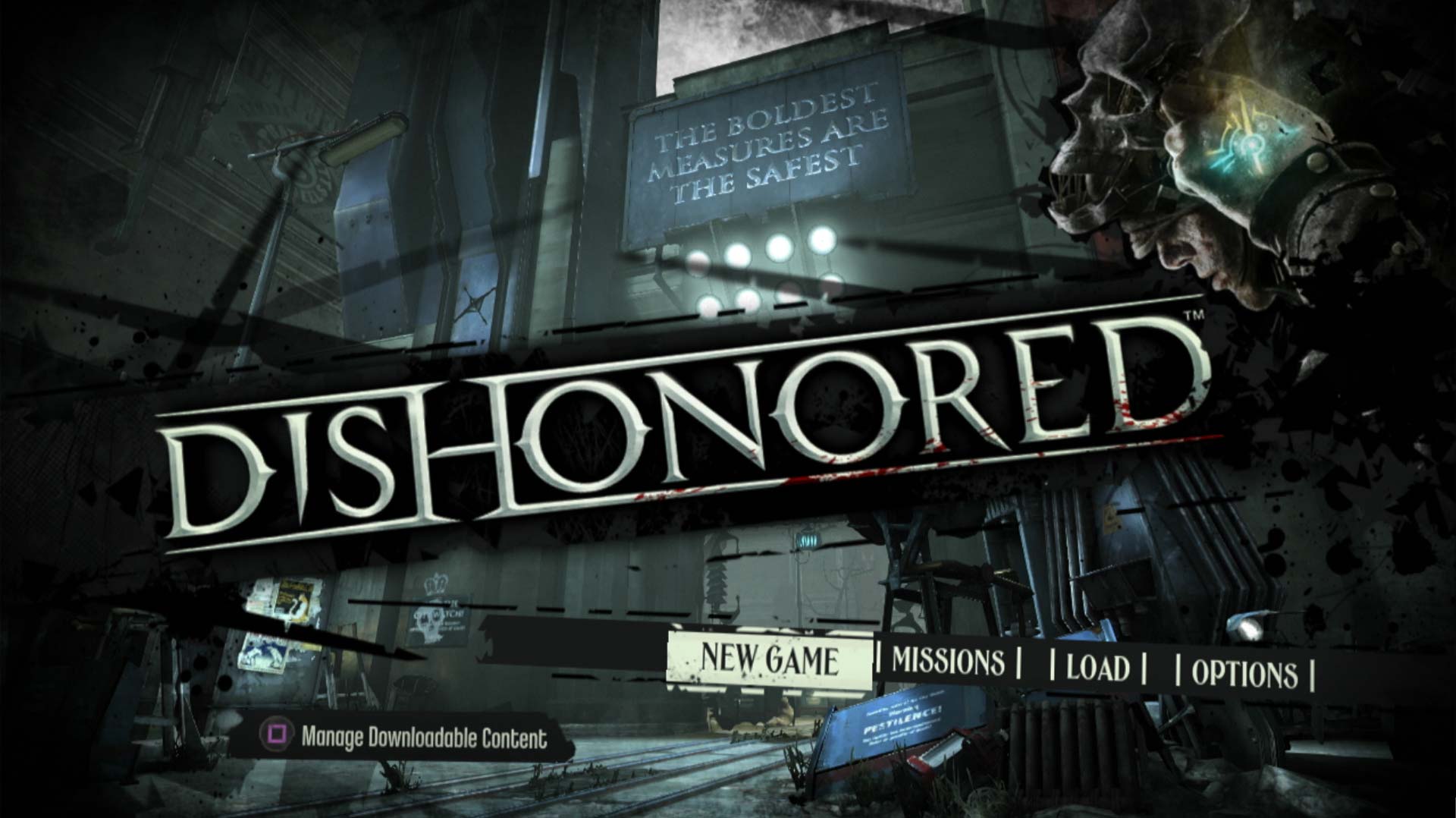 Dishonored PS3 game main menu screen