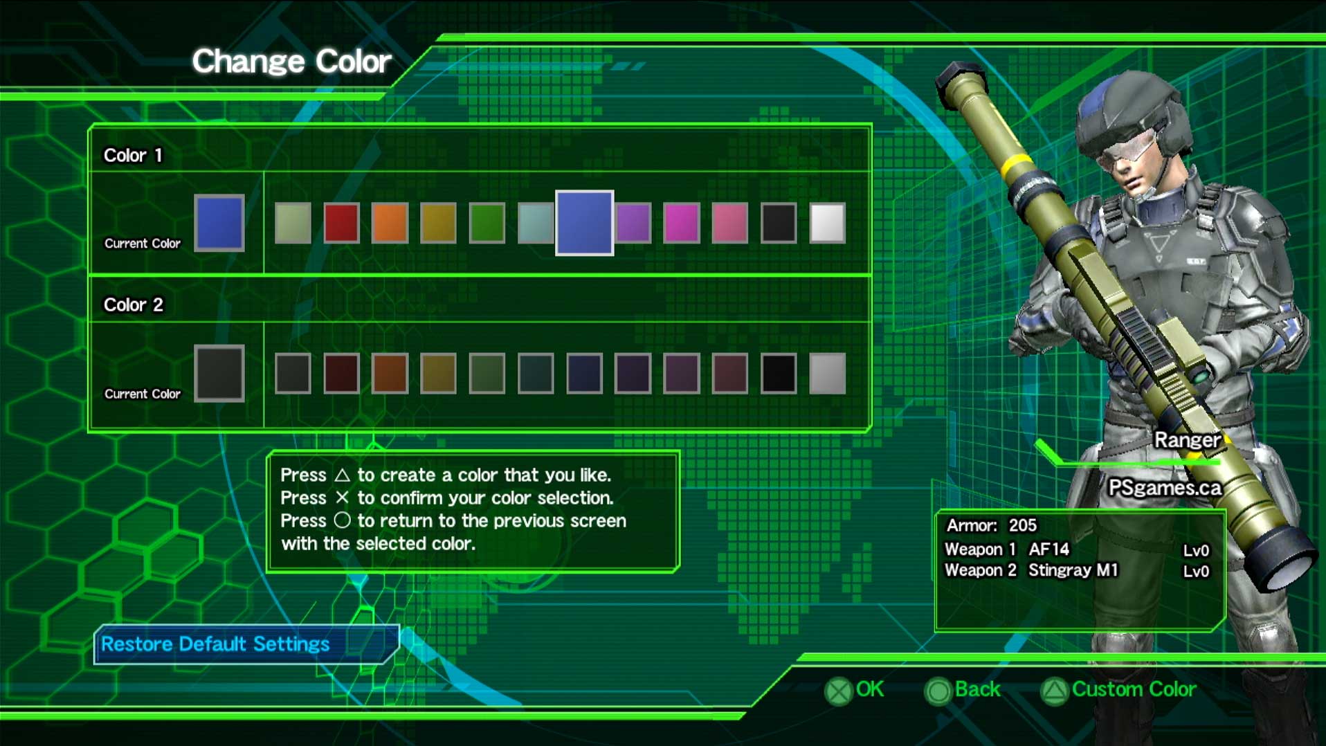 Earth Defense Force 2025 PS3 character color settings menu