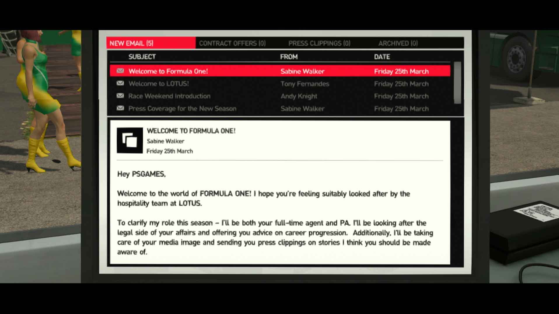 F1 2011 PS3 laptop new emails screen