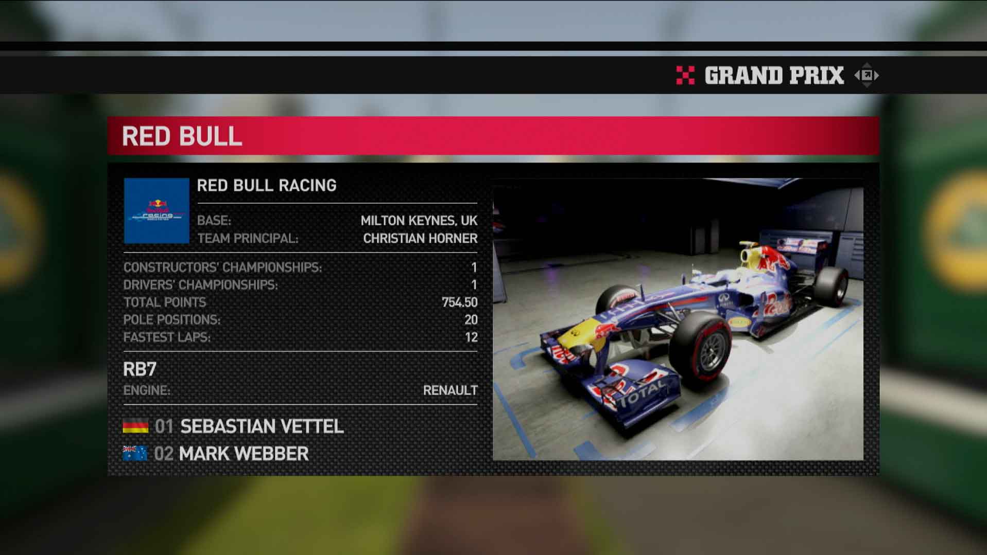 F1 2011 PS3 red bull driver information