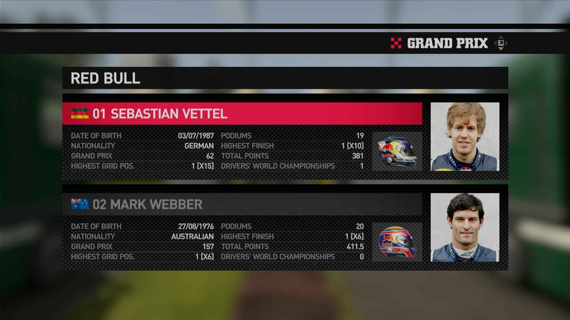 F1 2011 PS3 driver select screen menu