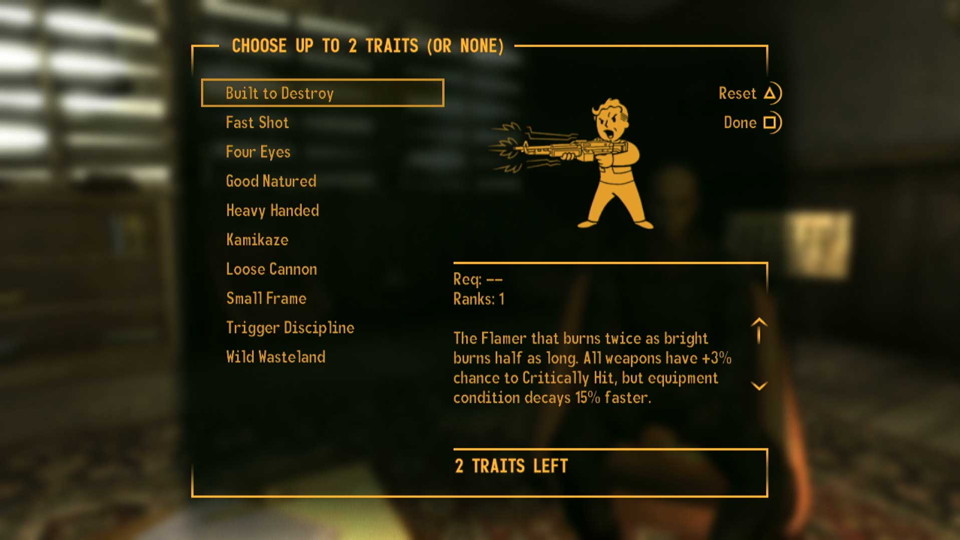 Fallout New Vegas PS3 choose traits game menu