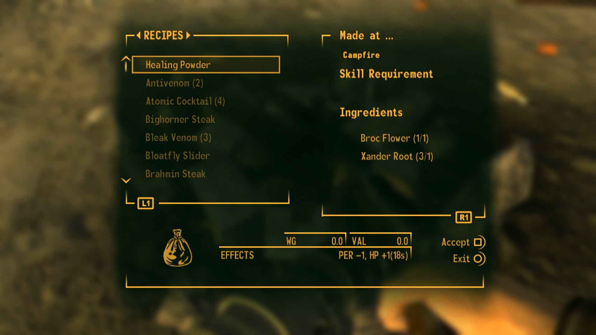 Fallout New Vegas PS3 recipes game menu