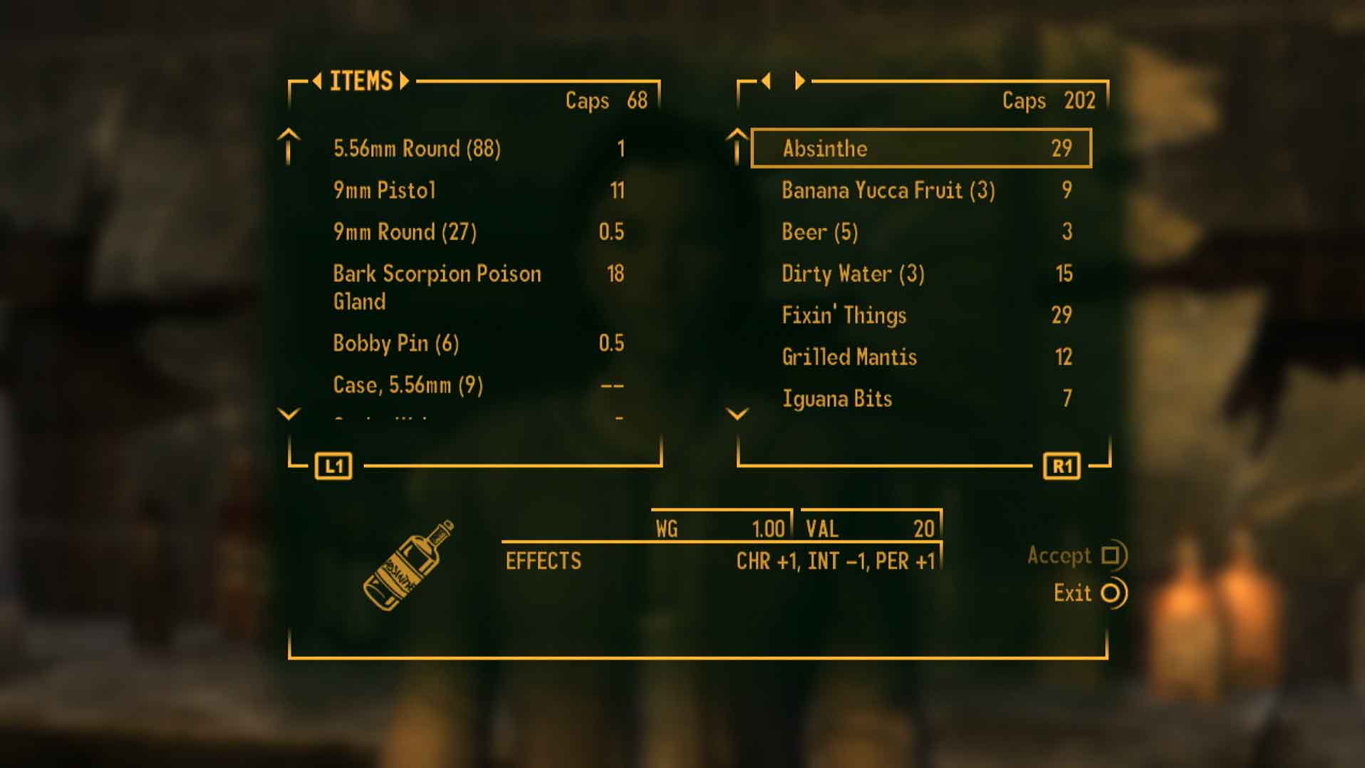 Fallout New Vegas PS3 buy sell items game menu