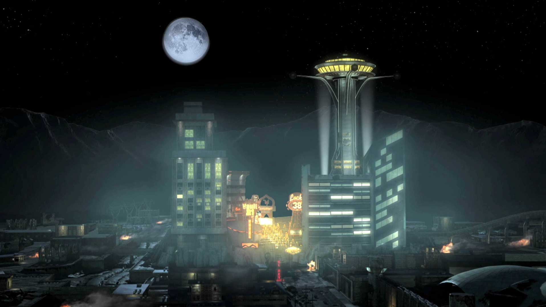 Fallout New Vegas PS3 city scape view tower moon