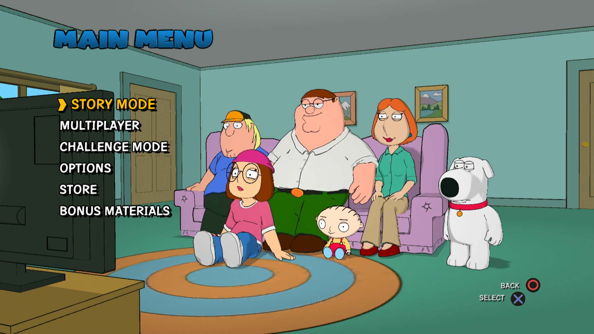 Family Guy Back to the Multiverse PS3 game main menu screen