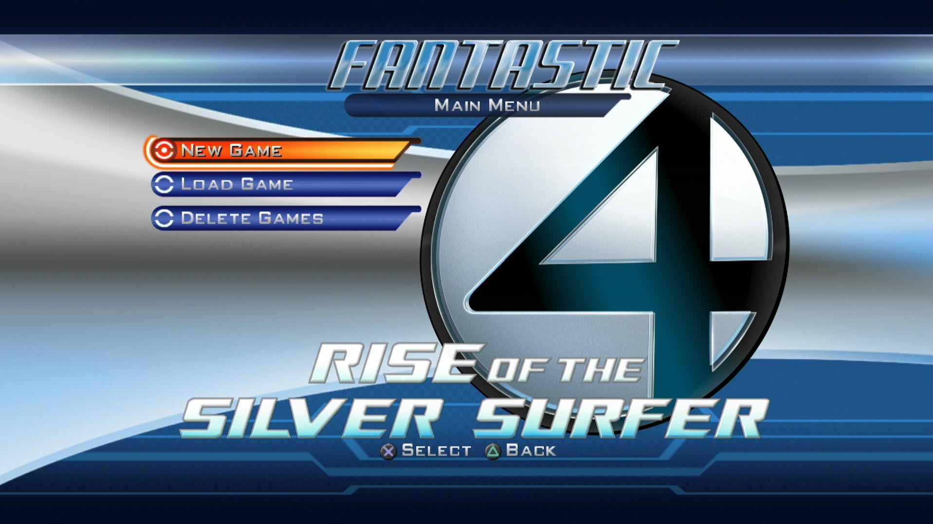 Fantastic Four Rise of the Silver Surfer PS3 game main menu screen