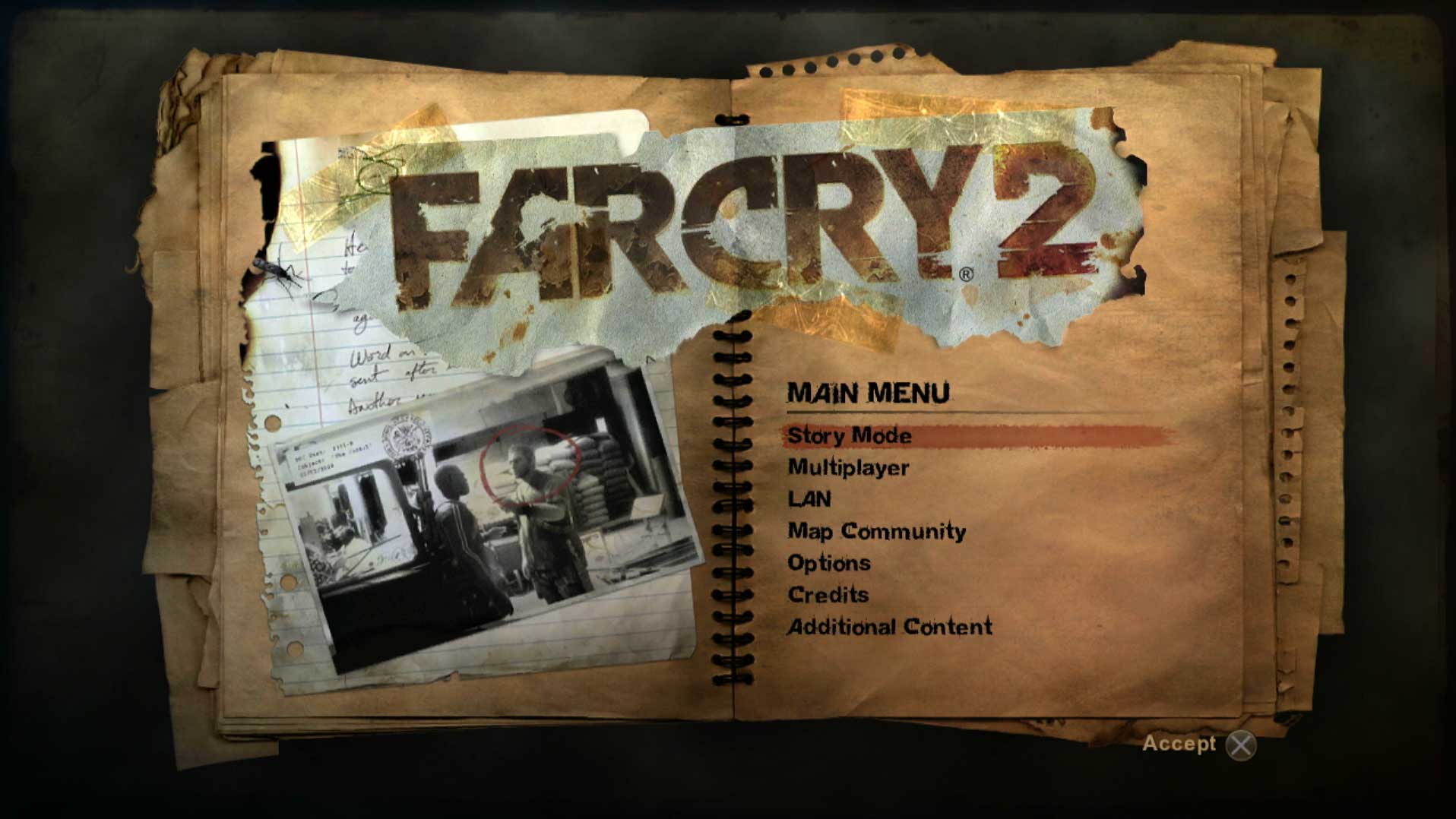 Far Cry 2 PS3 game main menu screen