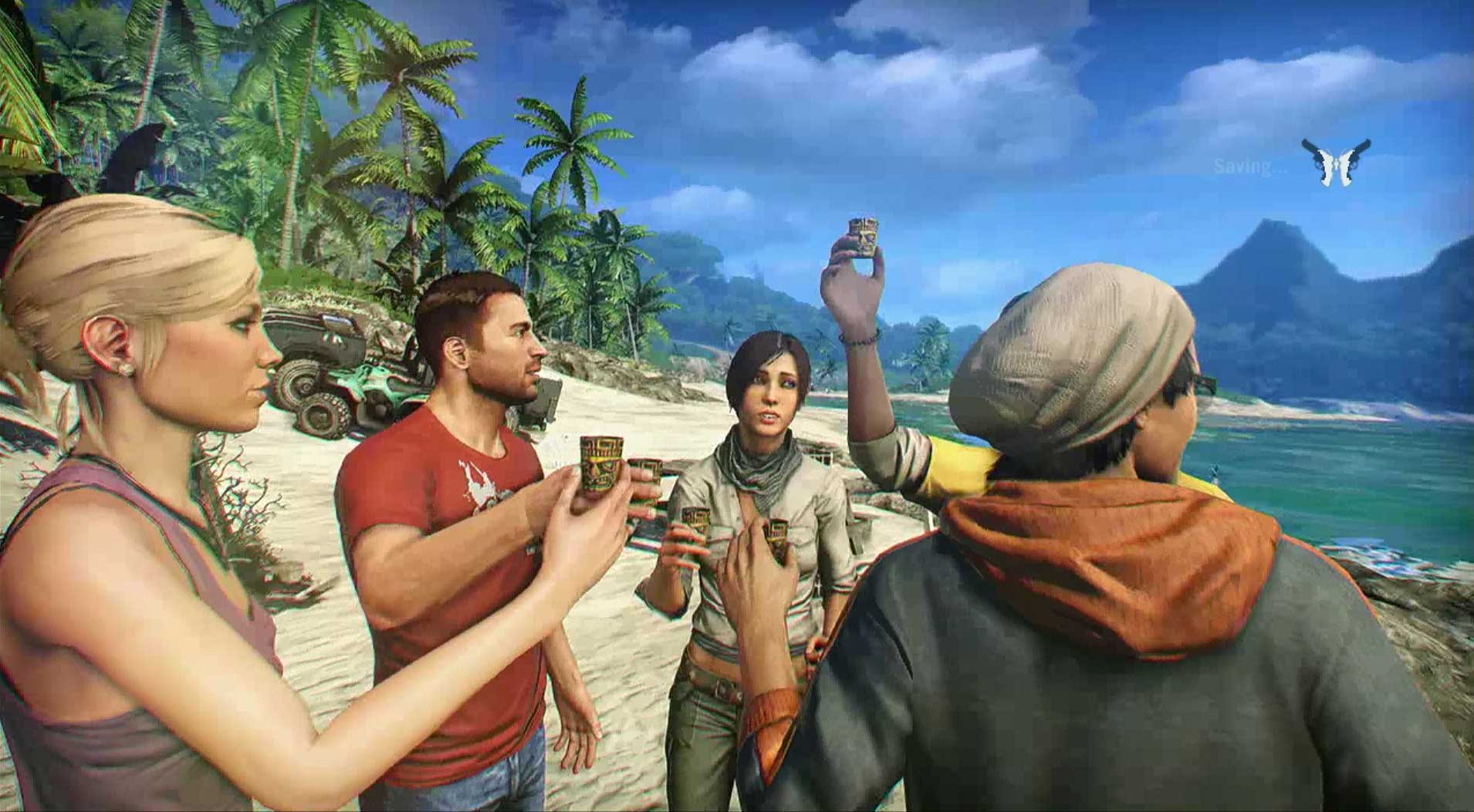 Far Cry 3 PS3 cutscene friends toasting beach