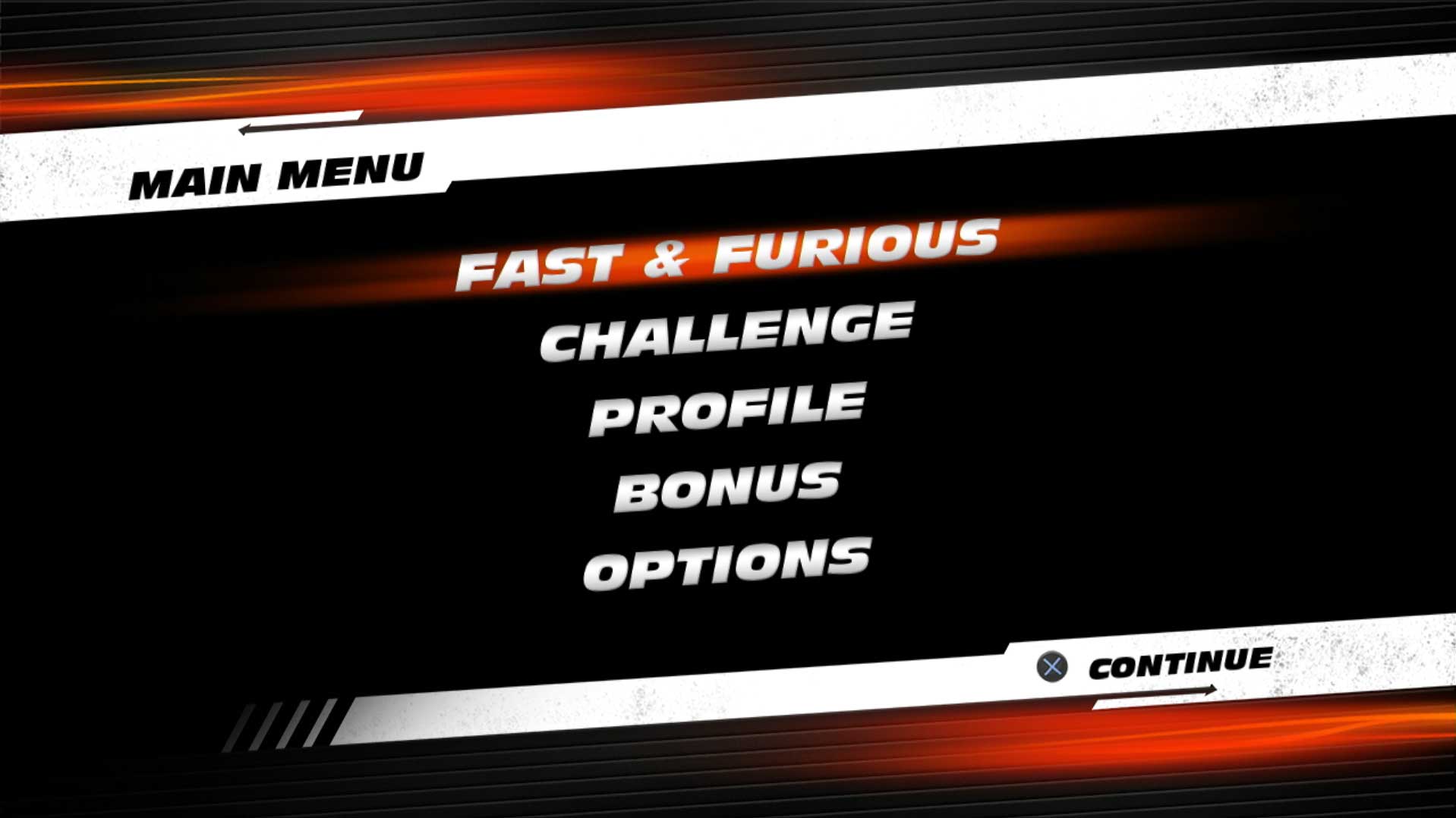 Fast & Furious Showdown PS3 game main menu screen