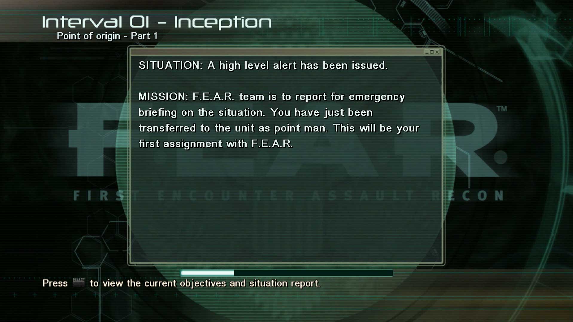 FEAR First Encounter Assault Recon PS3 interval 1 inception load screen