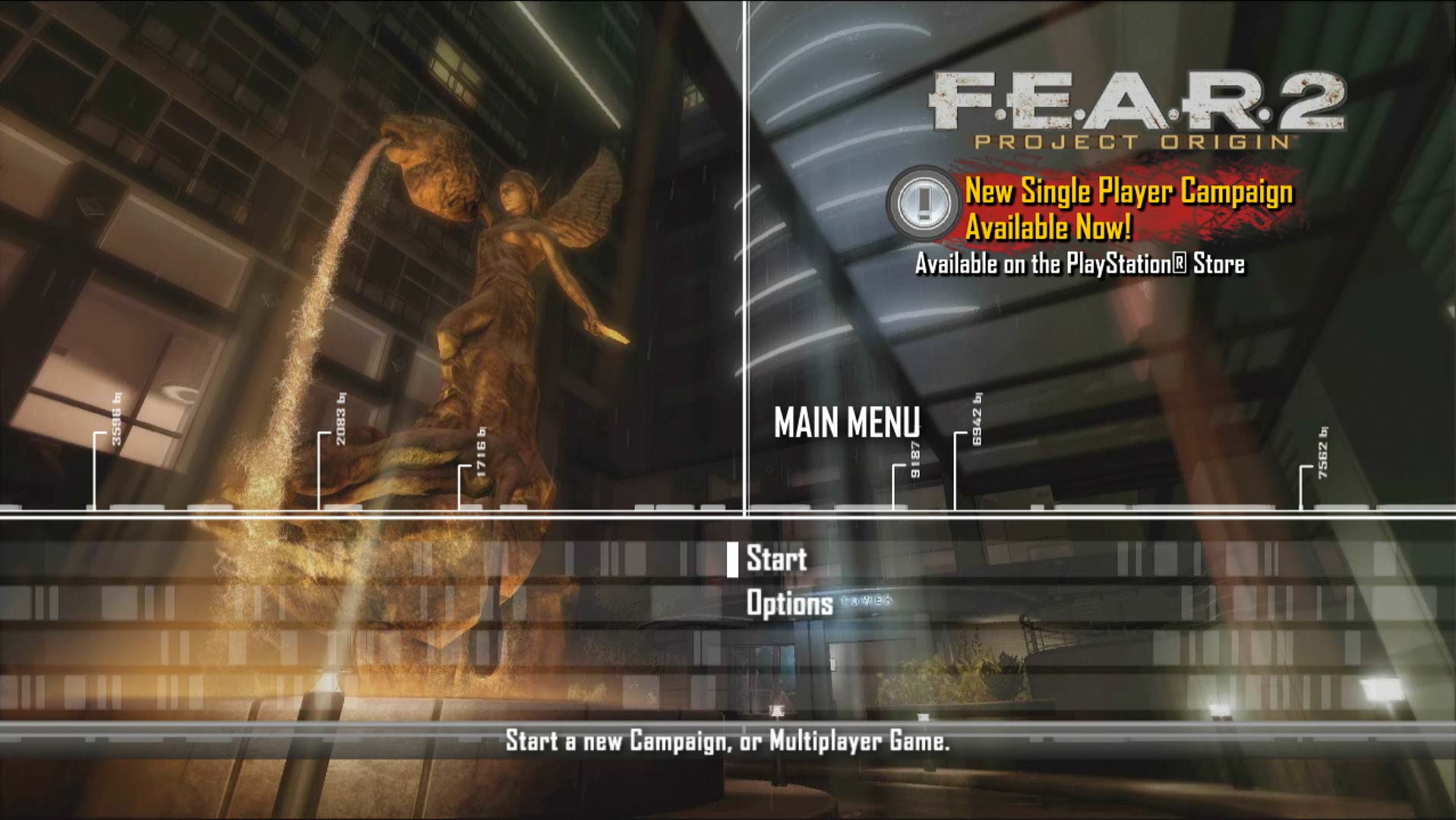 FEAR 2 Project Origin PS3 game main menu screen