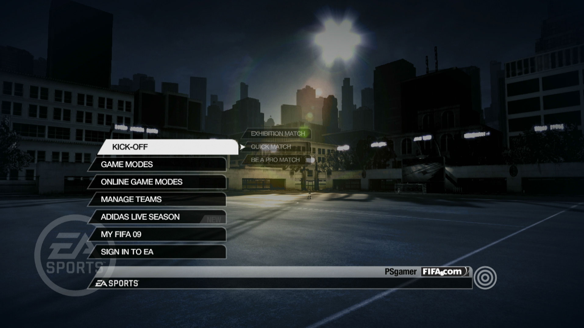 FIFA Soccer 09 PS3 video game main menu screen