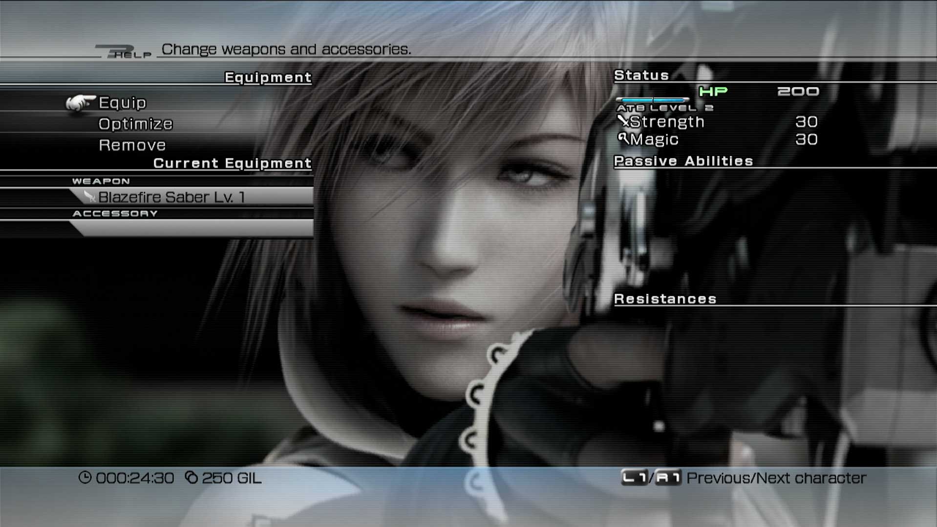 Final Fantasy XIII PS3 game menu character weapons accessories