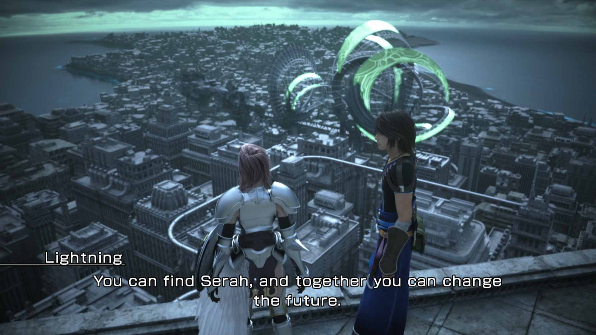 Final Fantasy XIII-2 PS3 cutscene city view conversation