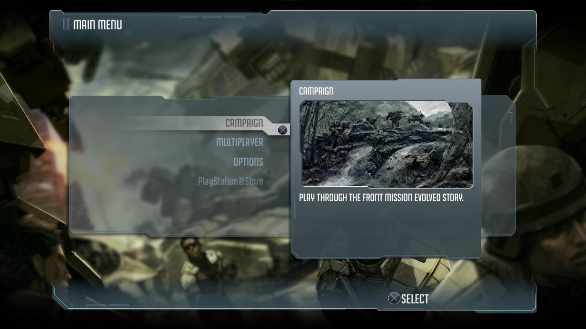 Front Mission Evolved PS3 game main menu screen