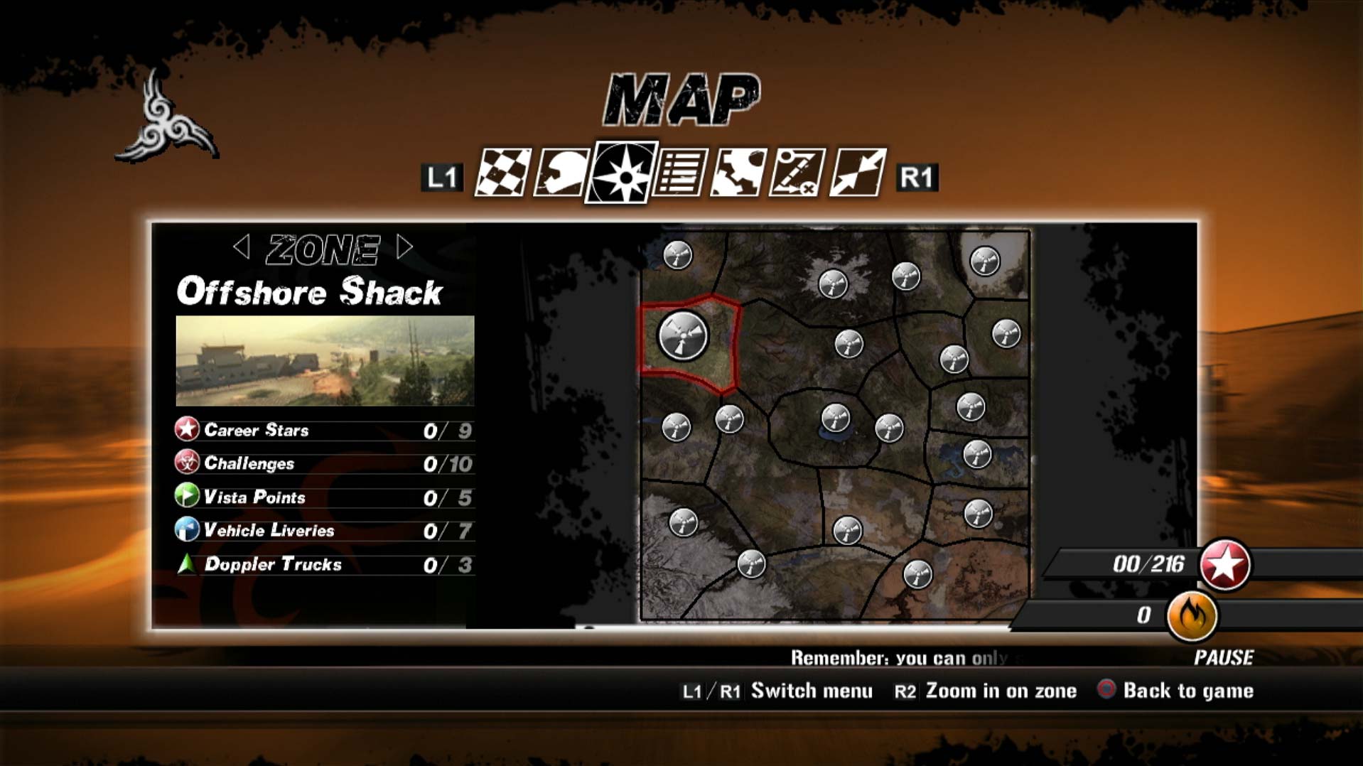 Fuel PS3 game menu zone map