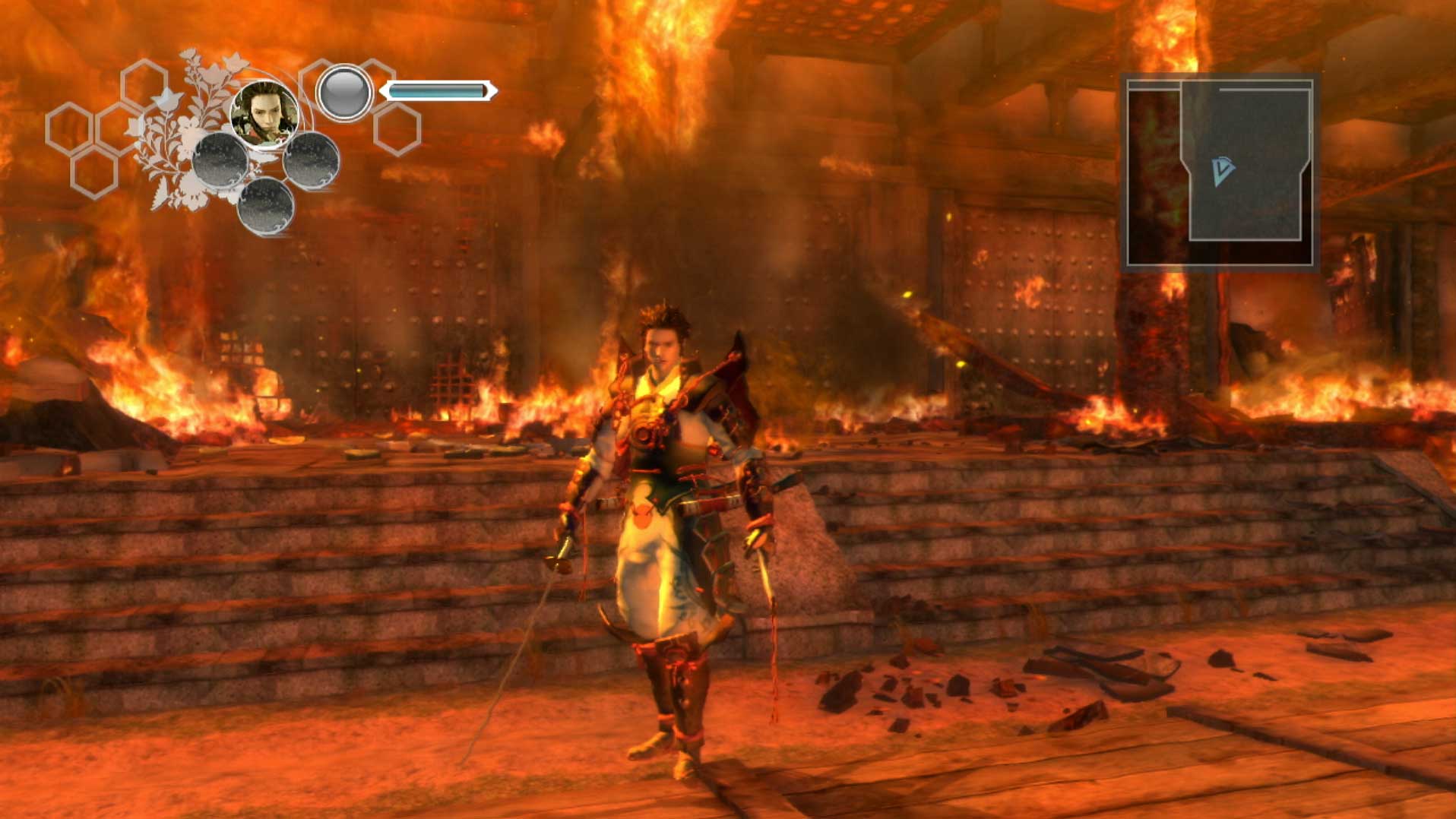 Genji Days of the Blade PS3 protagonist gameplay burning building