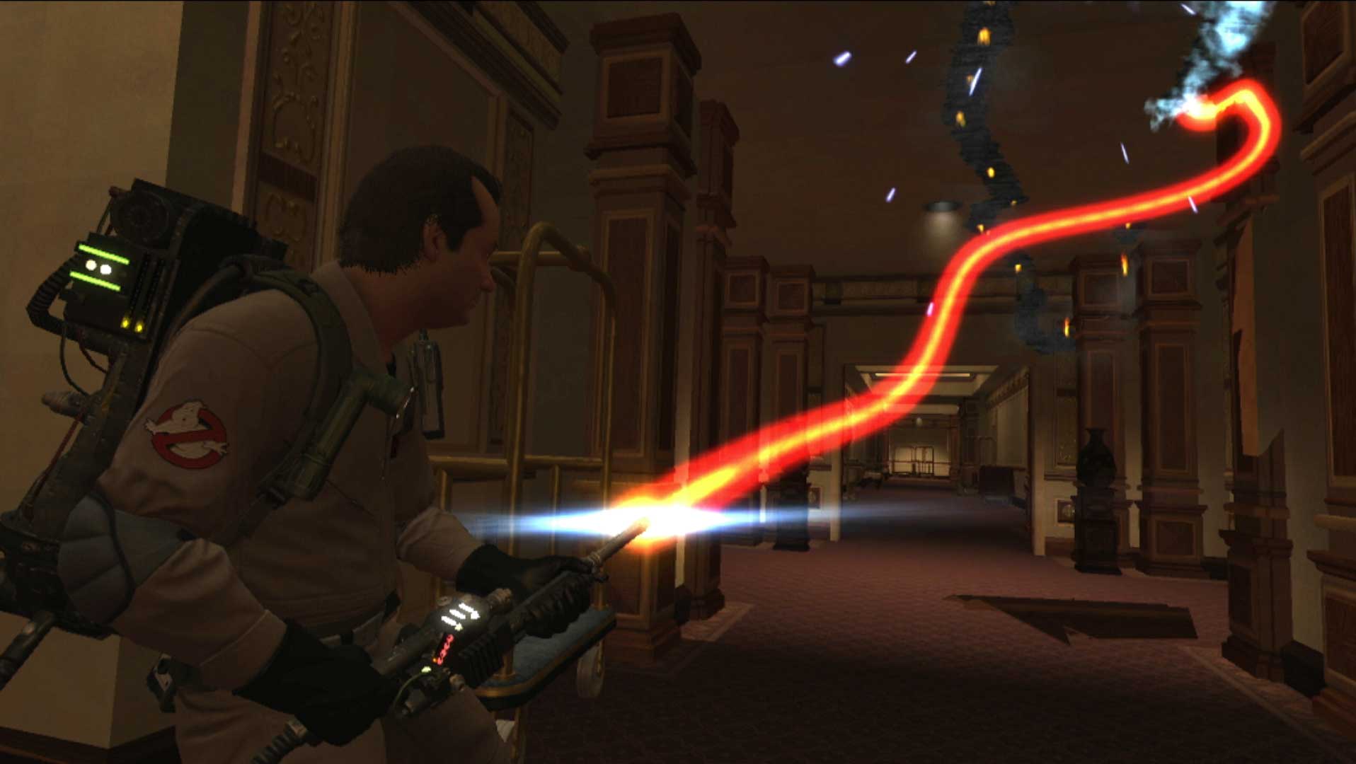 Ghostbusters The Video Game PS3 Venkman shooting proton beam hotel hallway