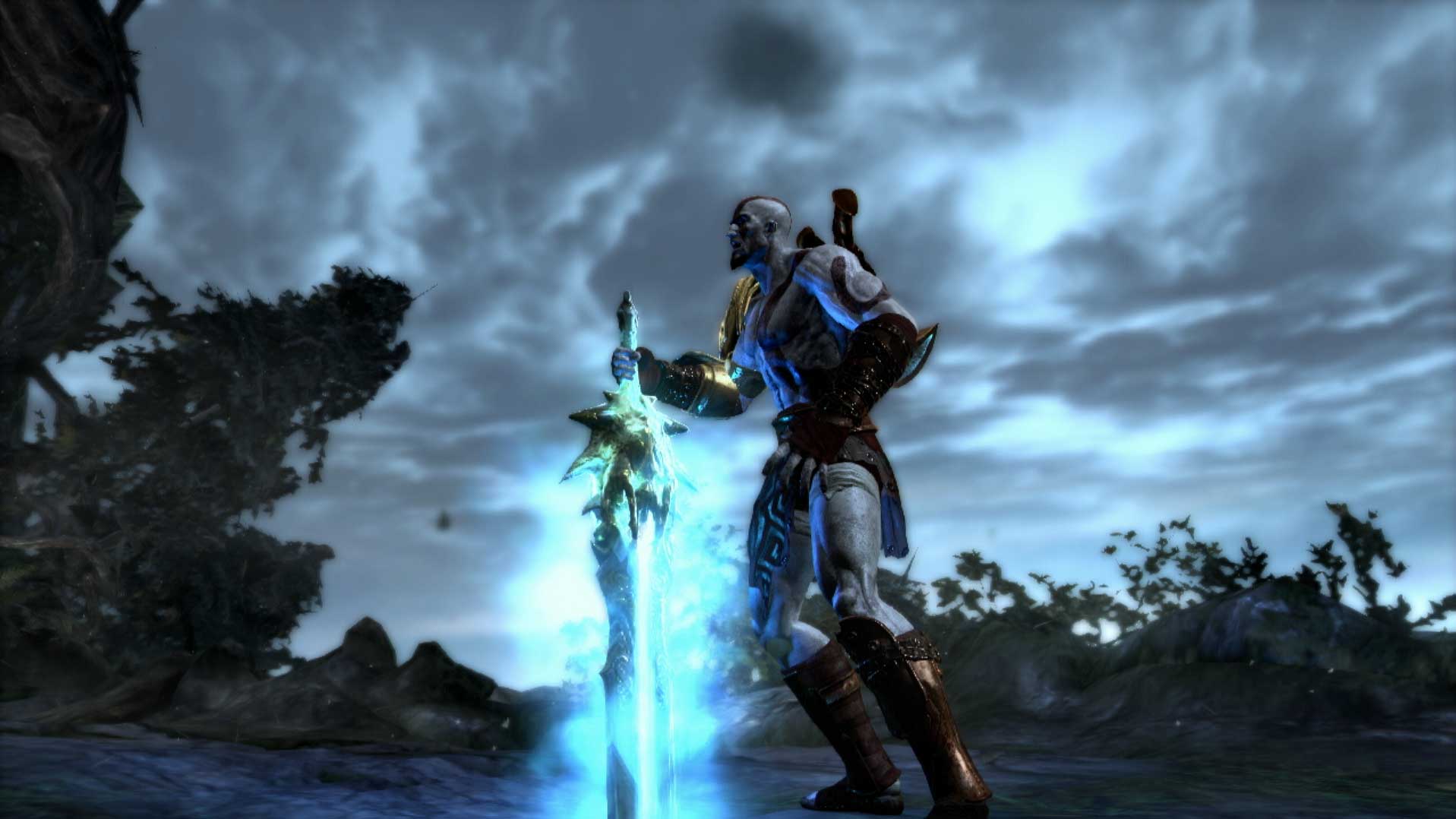 God of War III PS3 kratos cutscene holding glowing sword