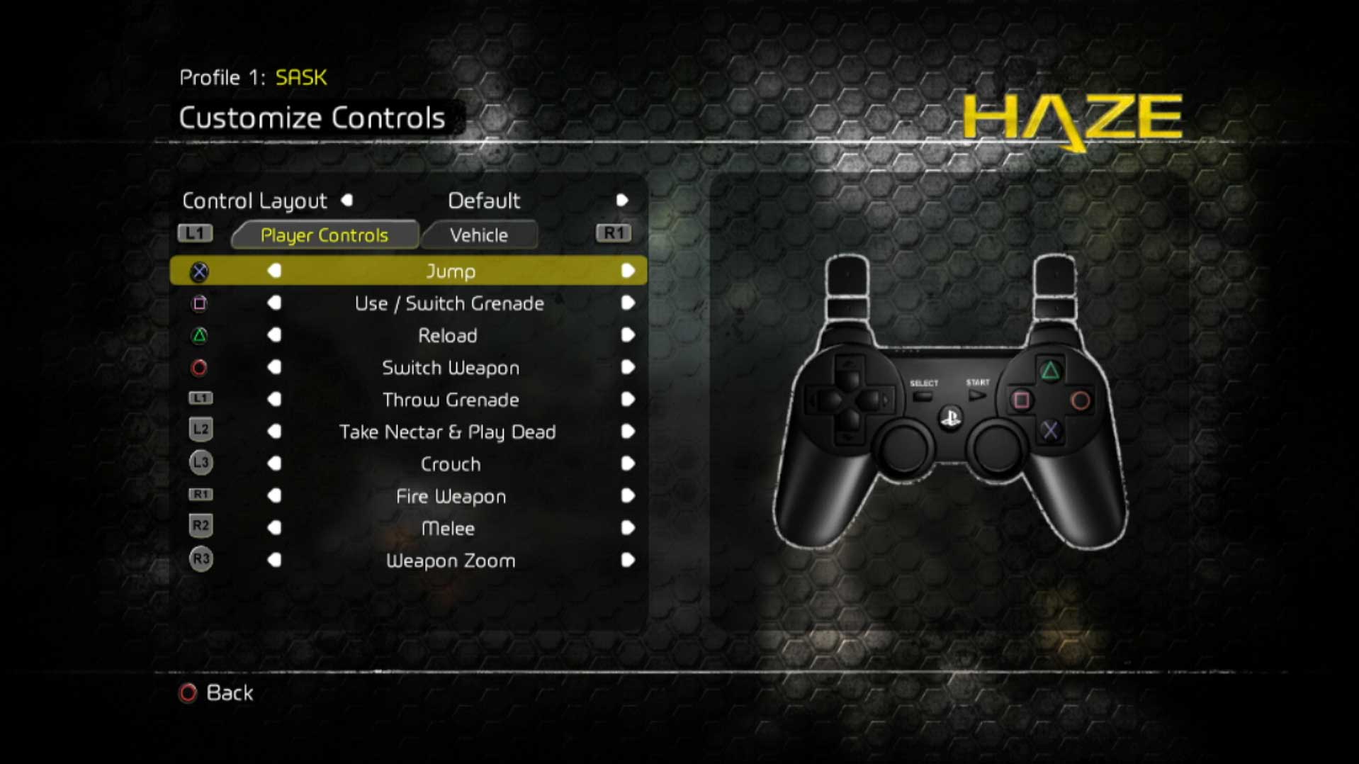 Haze PS3 game controller button layout