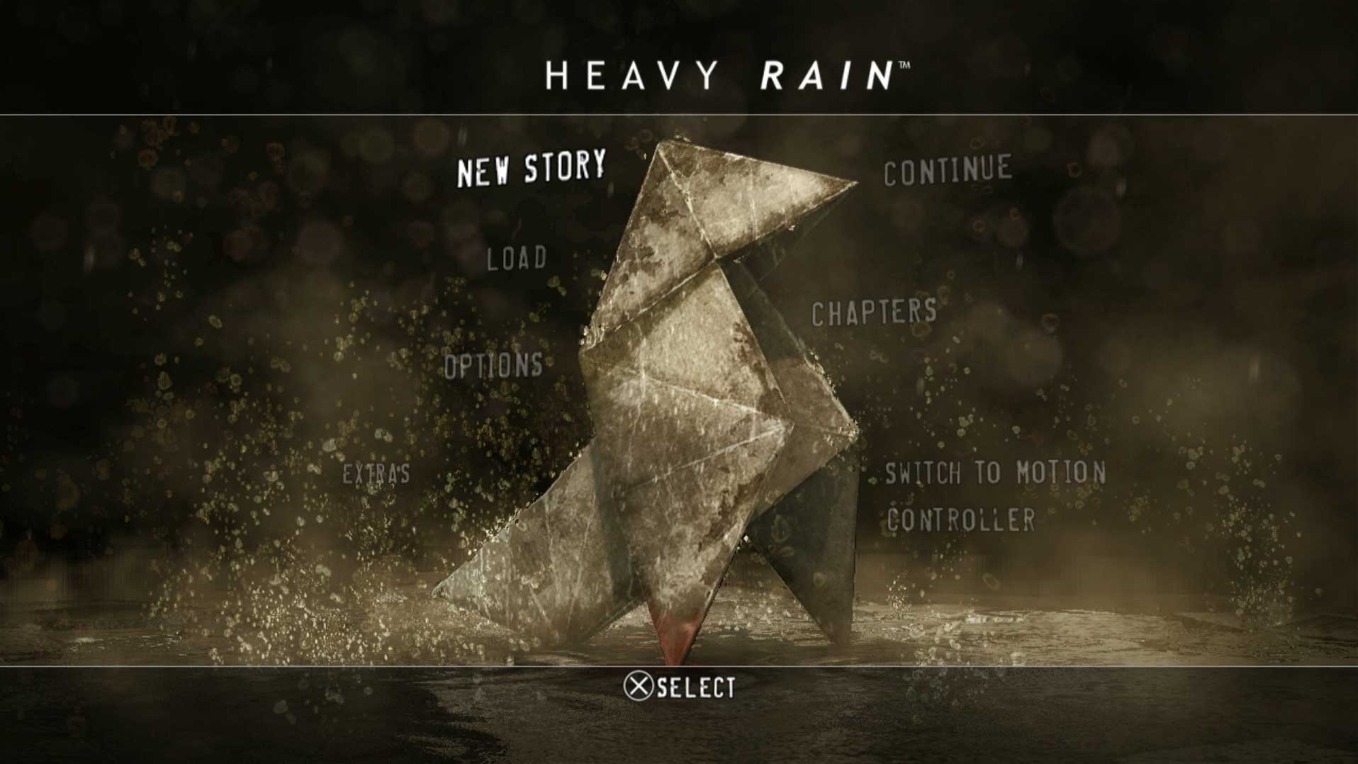 Heavy Rain PS3 video game main menu screen