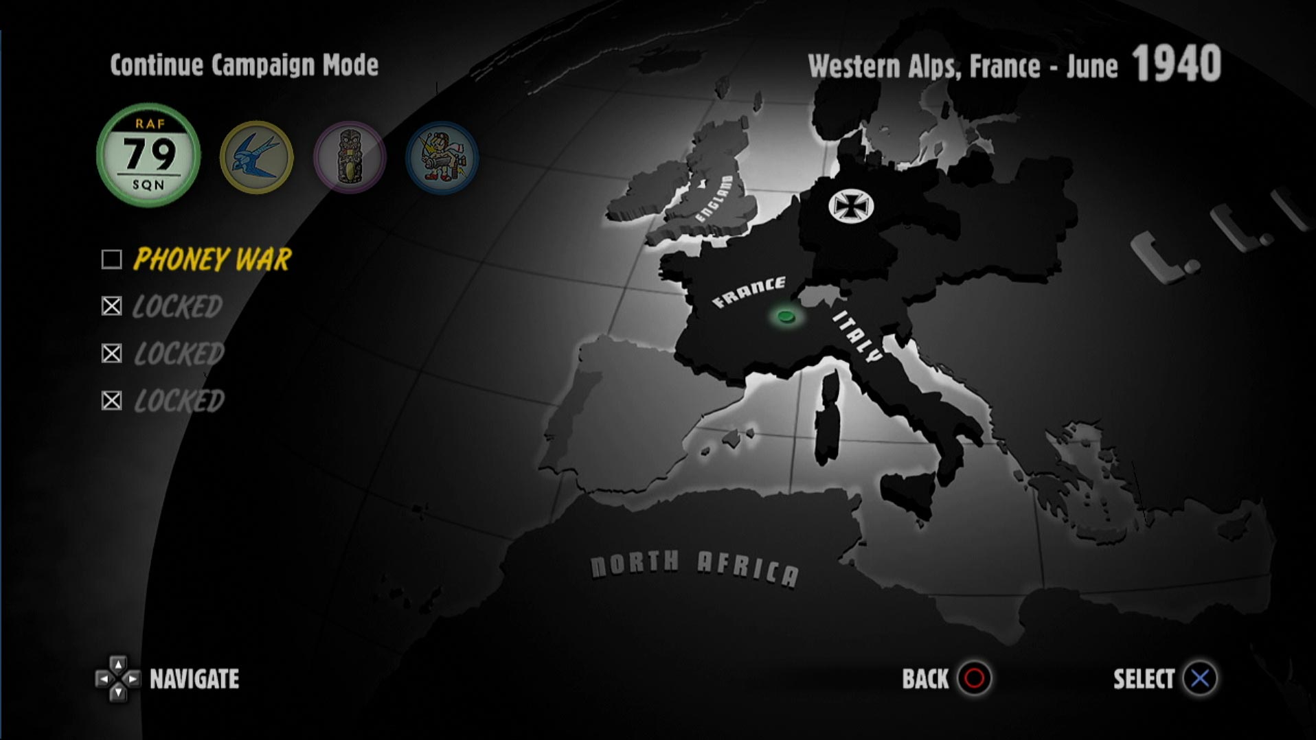 Heroes Over Europe PS3 game campaign mode select screen