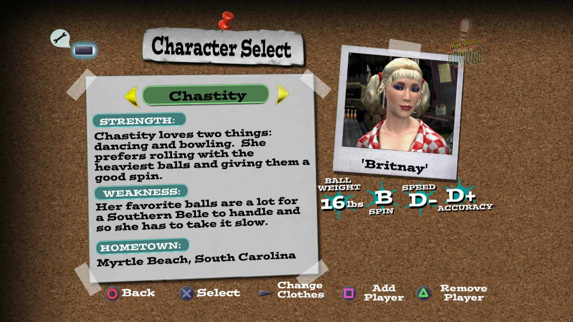 High Velocity Bowling PS3 game character select brittany