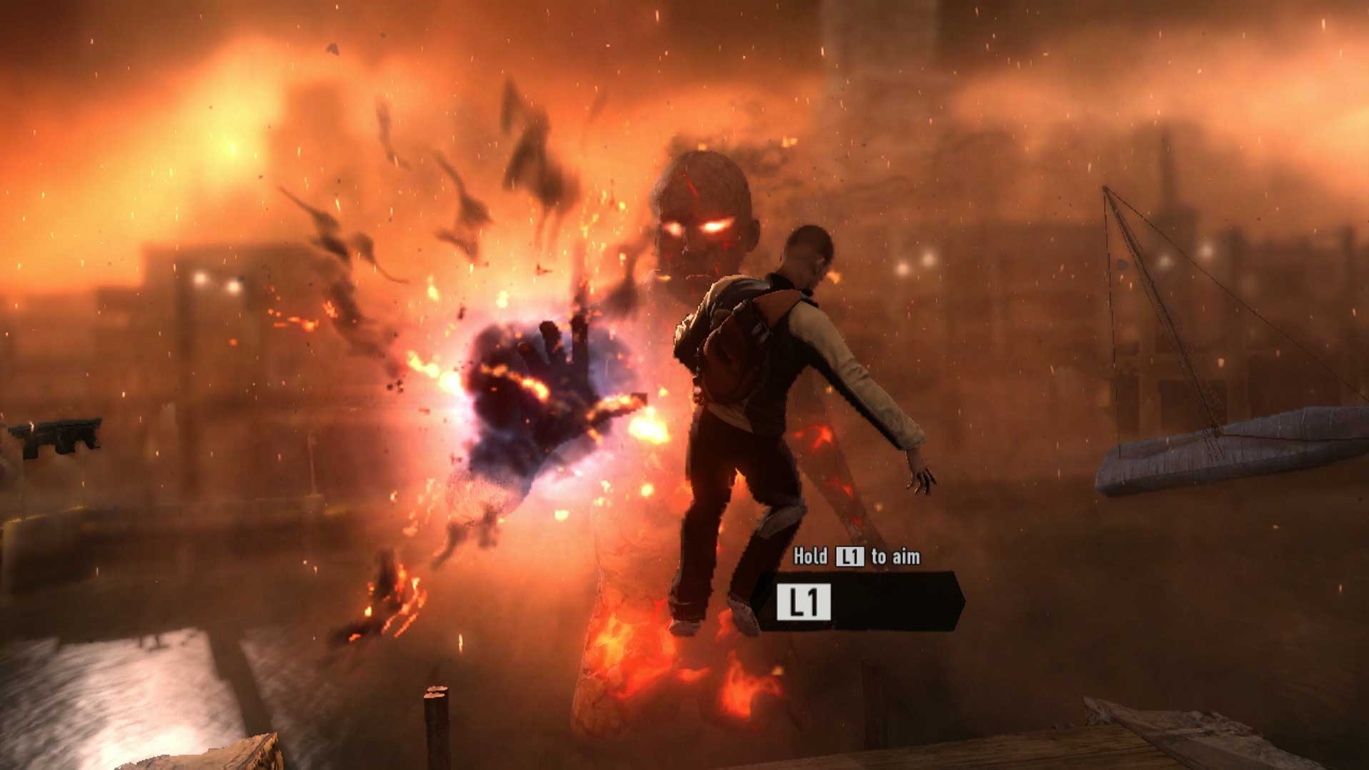 Infamous 2 PS3 boss fire man flying midair